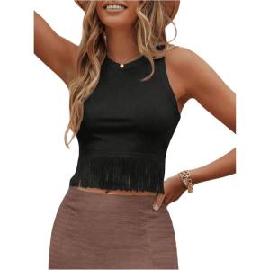 imageSweatyRocks Womens Casual Sleeveless Stretchy Ribbed Knit Shirt Racerback Crop Fringe Tank topBlack