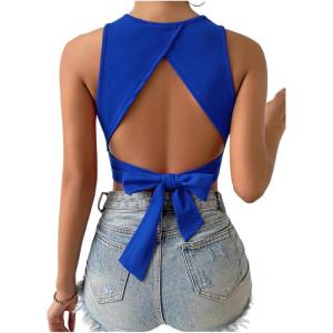 imageSweatyRocks Womens Crewneck Crop Tank Top Tie Back Casual Backless TopBlue