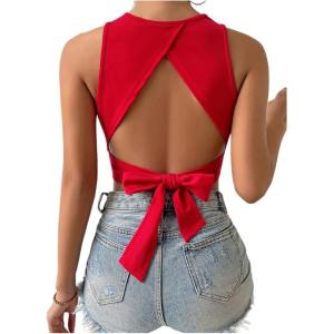 imageSweatyRocks Womens Crewneck Crop Tank Top Tie Back Casual Backless TopRed