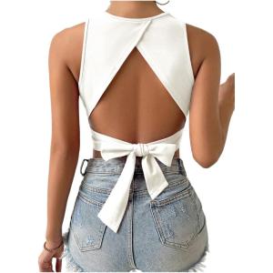 imageSweatyRocks Womens Crewneck Crop Tank Top Tie Back Casual Backless TopWhite