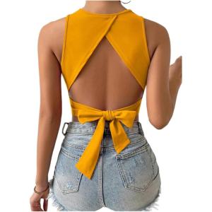 imageSweatyRocks Womens Crewneck Crop Tank Top Tie Back Casual Backless TopYellow