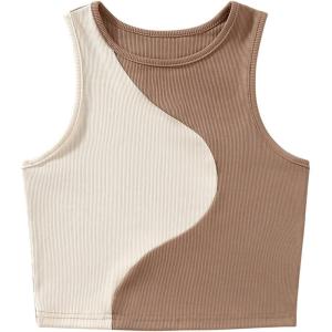 imageSweatyRocks Womens Summer Ribbed Knit Sleeveless Vest Color Block Crop Tank TopBeige Brown