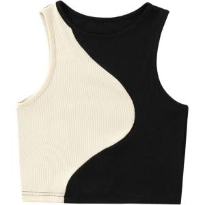 imageSweatyRocks Womens Summer Ribbed Knit Sleeveless Vest Color Block Crop Tank TopBlack and Khaki