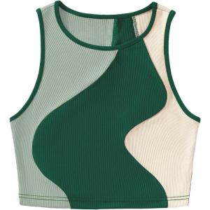 imageSweatyRocks Womens Summer Ribbed Knit Sleeveless Vest Color Block Crop Tank TopGreen and Apricot