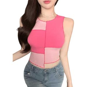 imageSweatyRocks Womens Summer Ribbed Knit Sleeveless Vest Color Block Crop Tank TopHot Pink Light Pink