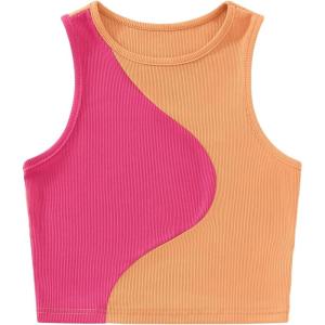 imageSweatyRocks Womens Summer Ribbed Knit Sleeveless Vest Color Block Crop Tank TopPink Orange