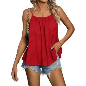 imageSweatyRocks Womens Summer Tank Top Spaghetti Strap Pleated Camisole Sleeveless Loose Cami TopsRed