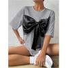 imageSweatyRocks Womens Bow Twist Front T Shirts Crew Neck Short Sleeve Tee TopsGrey