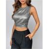 imageSweatyRocks Womens Tie Backless Round Neck Satin Blouses Shirts Ruched Sleeveless Tank TopSilver