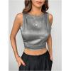 imageSweatyRocks Womens Tie Backless Round Neck Satin Blouses Shirts Ruched Sleeveless Tank TopSilver