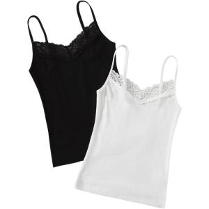 imageSweatyRocks 2 Pcs Womens lace Camisole V Neck Tank Top Sleeveless Y2k Trim Ruched Aesthetic Cami Tank TopBlack and White