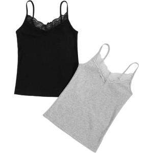 imageSweatyRocks 2 Pcs Womens lace Camisole V Neck Tank Top Sleeveless Y2k Trim Ruched Aesthetic Cami Tank TopGrey Black