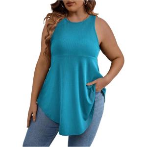 imageSweatyRocks Women Loose Sleeveless Solid Color Casual Plain Tank Tops Plus Size Curved Hem Workout Summer Tee TopsBlue