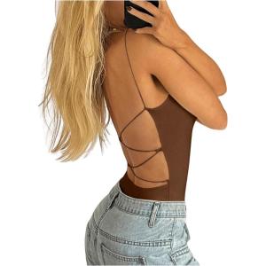 imageSweatyRocks Womens Backless Camisole Tops Criss Cross Fitted Spaghetti Strap Tank TopBrown