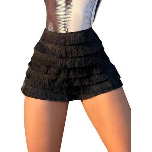 imageSweatyRocks Womens Boho Fringe Trim Elastic Waist Shorts Solid Straight Leg Tassel Party ShortsBlack