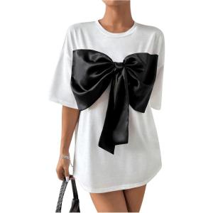 imageSweatyRocks Womens Bow Twist Front T Shirts Crew Neck Short Sleeve Tee TopsWhite