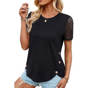 imageSweatyRocks Womens Contrast Lace Short Sleeve Round Neck T Shirt Asymmetrical Hem Button Side Tee TopsBlack