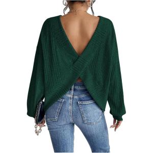 imageSweatyRocks Womens Criss Cross Round Neck Pullover Sweaters Long Sleeve Loose Cut Out Back Knit Tee Tops Backless ShirtsDeep Green