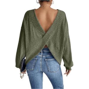 imageSweatyRocks Womens Criss Cross Round Neck Pullover Sweaters Long Sleeve Loose Cut Out Back Knit Tee Tops Backless ShirtsGreen