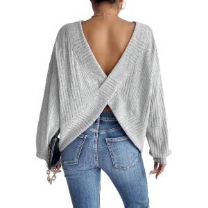 imageSweatyRocks Womens Criss Cross Round Neck Pullover Sweaters Long Sleeve Loose Cut Out Back Knit Tee Tops Backless ShirtsGrey
