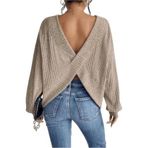 imageSweatyRocks Womens Criss Cross Round Neck Pullover Sweaters Long Sleeve Loose Cut Out Back Knit Tee Tops Backless ShirtsKhaki