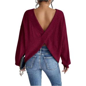 imageSweatyRocks Womens Criss Cross Round Neck Pullover Sweaters Long Sleeve Loose Cut Out Back Knit Tee Tops Backless ShirtsRed Violet