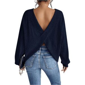 imageSweatyRocks Womens Criss Cross Round Neck Pullover Sweaters Long Sleeve Loose Cut Out Back Knit Tee Tops Backless ShirtsRoyal Blue