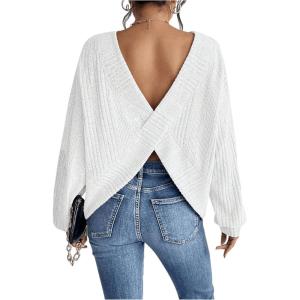 imageSweatyRocks Womens Criss Cross Round Neck Pullover Sweaters Long Sleeve Loose Cut Out Back Knit Tee Tops Backless ShirtsWhite