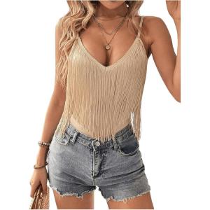 imageSweatyRocks Womens Fringe Sleeveless Boho Tassel Tank Top Slim Fit Cami Summer TopsApricot