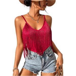 imageSweatyRocks Womens Fringe Sleeveless Boho Tassel Tank Top Slim Fit Cami Summer TopsBurgundy