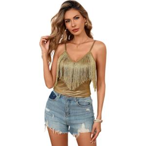 imageSweatyRocks Womens Fringe Sleeveless Boho Tassel Tank Top Slim Fit Cami Summer TopsGold