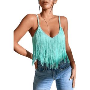 imageSweatyRocks Womens Fringe Sleeveless Boho Tassel Tank Top Slim Fit Cami Summer TopsMint Green