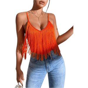 imageSweatyRocks Womens Fringe Sleeveless Boho Tassel Tank Top Slim Fit Cami Summer TopsOrange