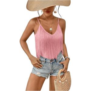 imageSweatyRocks Womens Fringe Sleeveless Boho Tassel Tank Top Slim Fit Cami Summer TopsPink