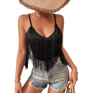 imageSweatyRocks Womens Fringe Sleeveless Boho Tassel Tank Top Slim Fit Cami Summer TopsPure Black