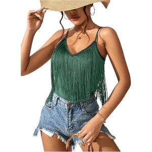 imageSweatyRocks Womens Fringe Sleeveless Boho Tassel Tank Top Slim Fit Cami Summer TopsPure Green