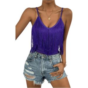 imageSweatyRocks Womens Fringe Sleeveless Boho Tassel Tank Top Slim Fit Cami Summer TopsPurple