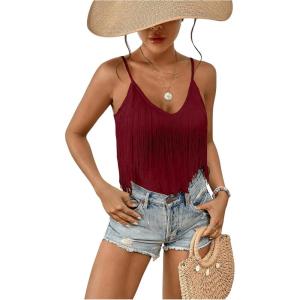 imageSweatyRocks Womens Fringe Sleeveless Boho Tassel Tank Top Slim Fit Cami Summer TopsRed