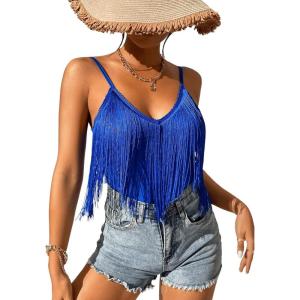 imageSweatyRocks Womens Fringe Sleeveless Boho Tassel Tank Top Slim Fit Cami Summer TopsRoyal Blue