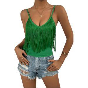 imageSweatyRocks Womens Fringe Sleeveless Boho Tassel Tank Top Slim Fit Cami Summer TopsSolid Green