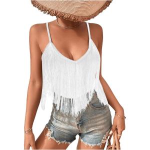 imageSweatyRocks Womens Fringe Sleeveless Boho Tassel Tank Top Slim Fit Cami Summer TopsWhite