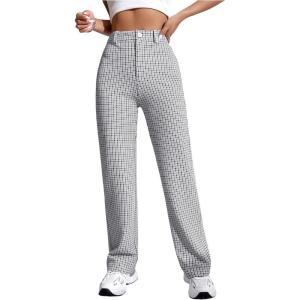 imageSweatyRocks Womens High Waist Plaid Dressy Casual Work Pants Straight Leg Stretchy TrousersWhite
