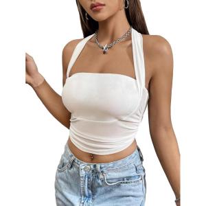 imageSweatyRocks Womens Sleeveless Tie Backless Halter Crop Top Slim Fit Ruched Solid Summer Tank TopsWhite