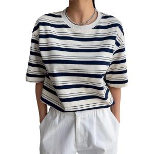 imageSweatyRocks Womens Striped Shirt Half Sleeve Round Neck Loose Casual Basic Tee TopsBlack and White