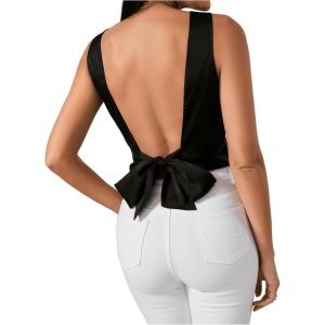 imageSweatyRocks Womens Tie Backless Round Neck Satin Blouses Shirts Ruched Sleeveless Tank TopBlack