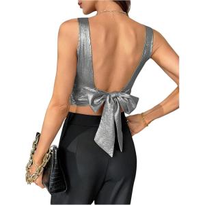 imageSweatyRocks Womens Tie Backless Round Neck Satin Blouses Shirts Ruched Sleeveless Tank TopSilver