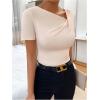 imageSweatyRocks Womens Asymmetrical Neck Ruched Tee Solid Short Sleeve T ShirtsApricot