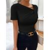 imageSweatyRocks Womens Asymmetrical Neck Ruched Tee Solid Short Sleeve T ShirtsBlack