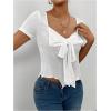 imageSweatyRocks Womens Bow Knot T Shirts Short Sleeve Sweetheart Neck Asymmetrical Hem Tee TopsWhite