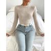 imageSweatyRocks Womens Casual Long Sleeve Mock Neck Tee Top Flare Sleeve Lettuce Trim Ribbed Knit T ShirtApricot